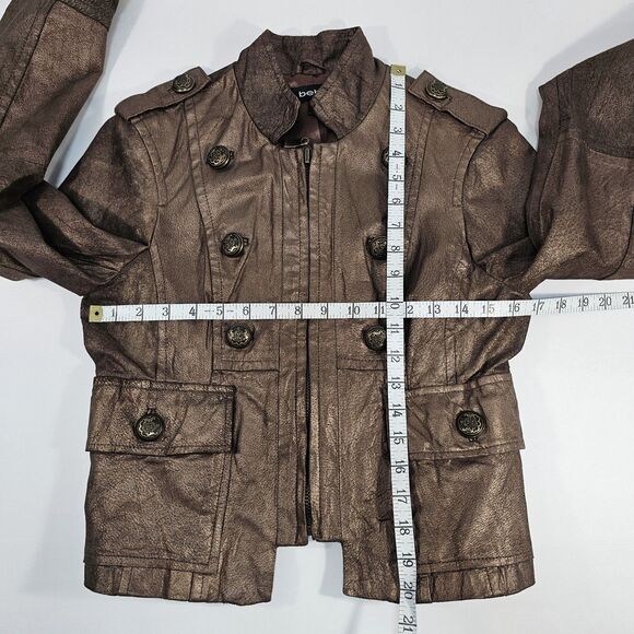 Y2K BEBE Metallic Leather Military Jacket Bronze 100% Pig Suede Steampunk Size S - Picture 7 of 9